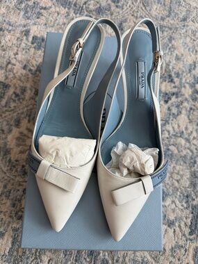 Prada White Leather Pointed Slingback Pumps with Light Blue Insole